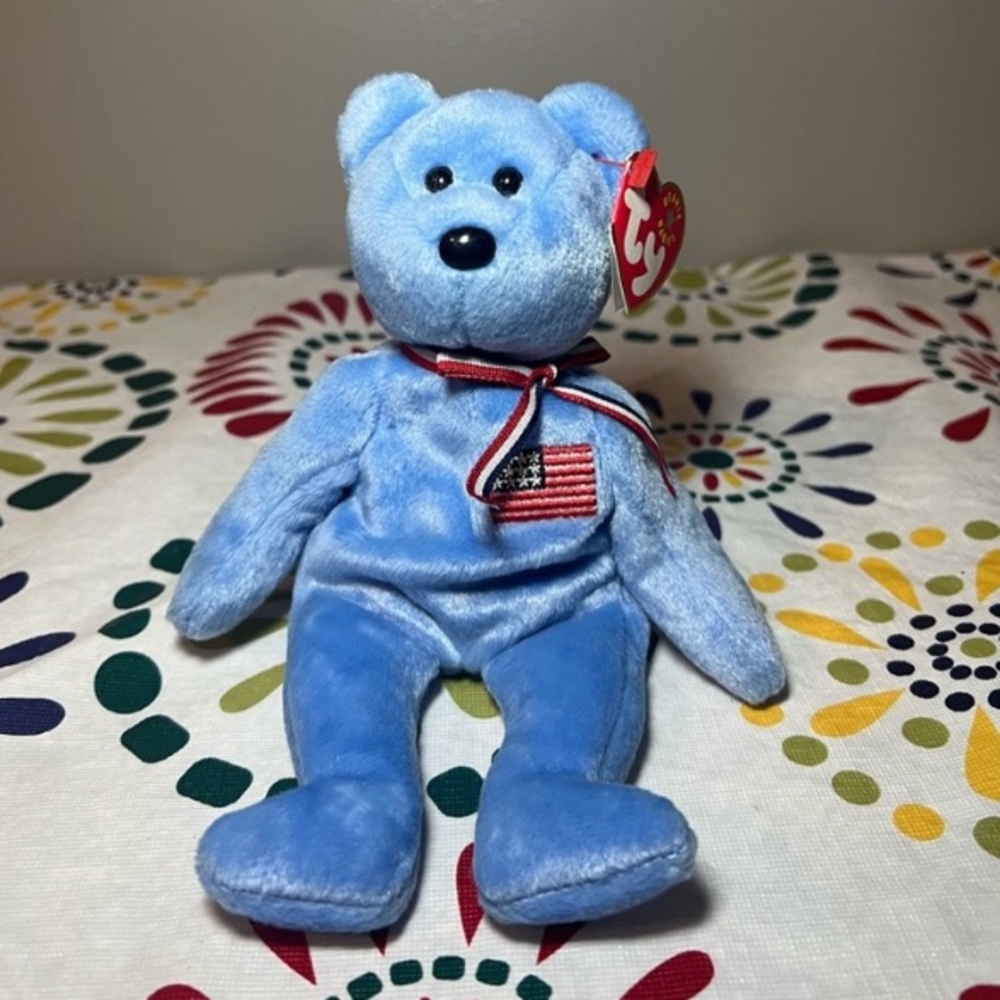 TY Beanie Baby”America”9/11 Memorial Blue Plush Bear with American Flag -